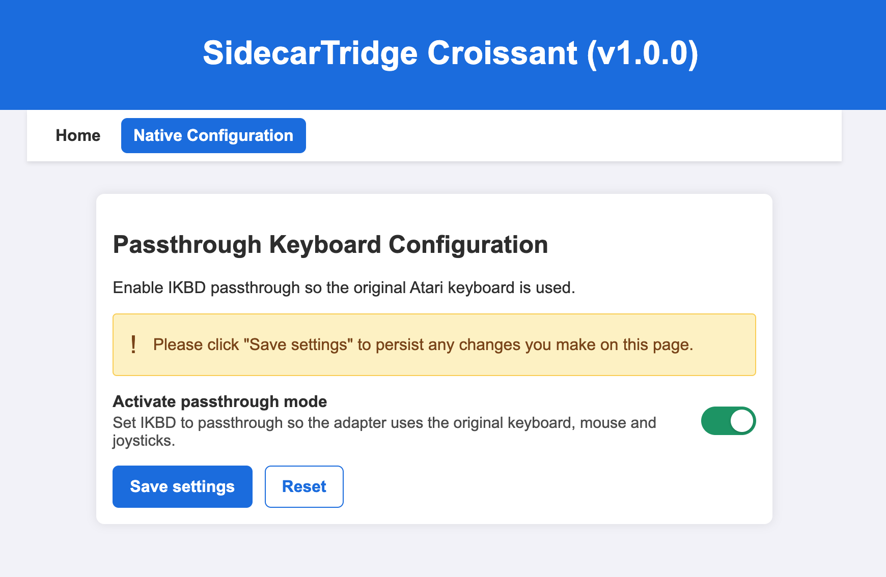 SidecarTridge Keyboard Emulator Croissant pass-through configuration page
