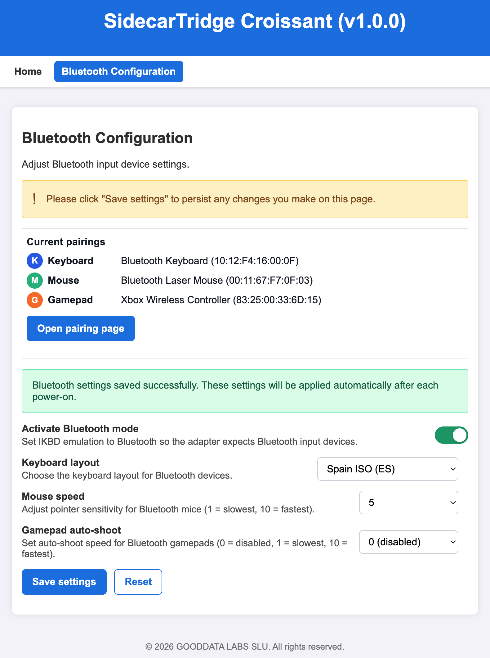 SidecarTridge Keyboard Emulator Bluetooth configuration with paired devices