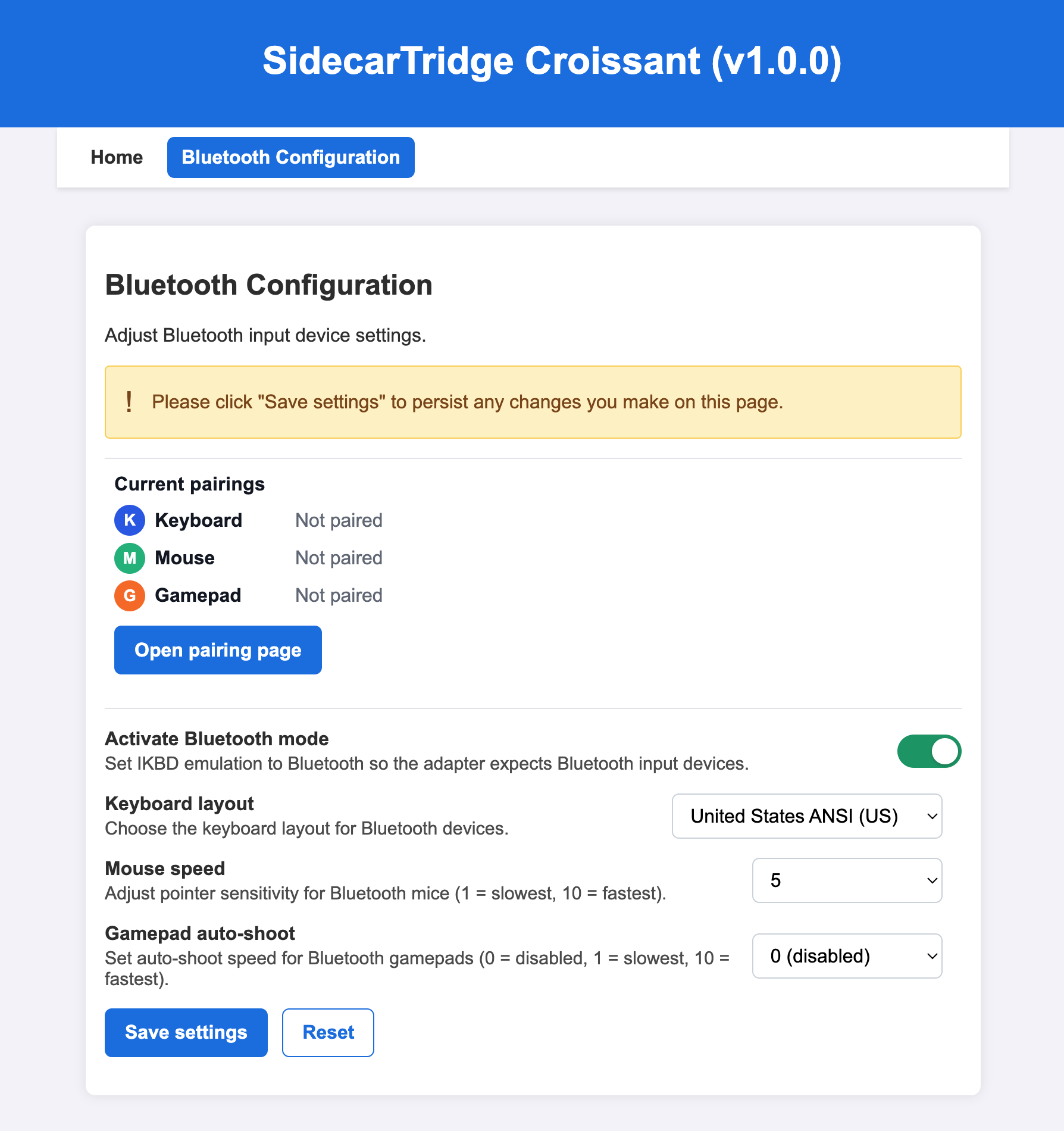 SidecarTridge Keyboard Emulator Bluetooth configuration page