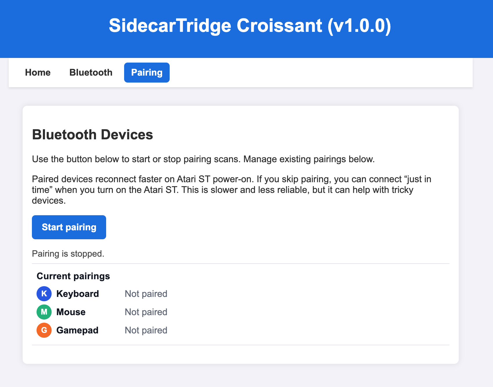 SidecarTridge Keyboard Emulator Bluetooth pairing page before scan start