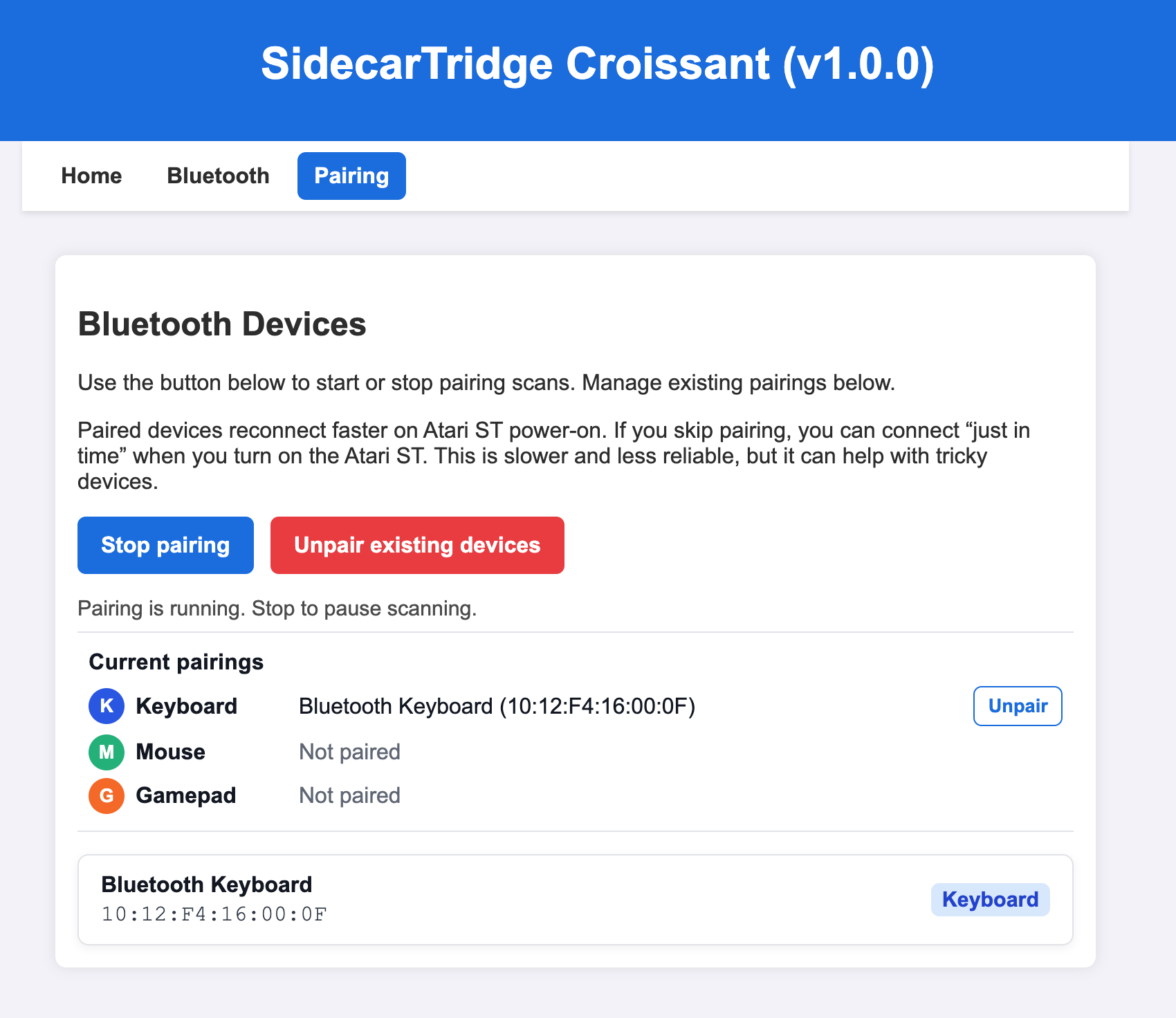 SidecarTridge Keyboard Emulator Bluetooth pairing scan running