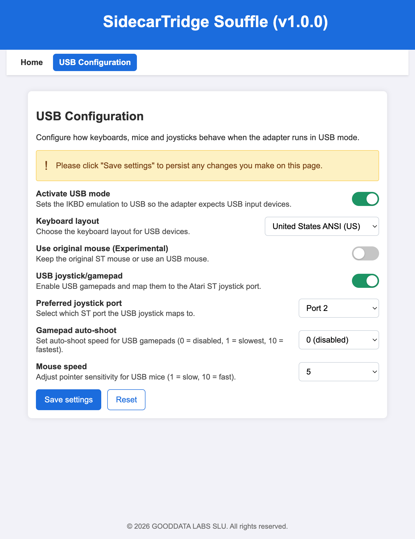 SidecarTridge Keyboard Emulator Soufflè USB configuration page