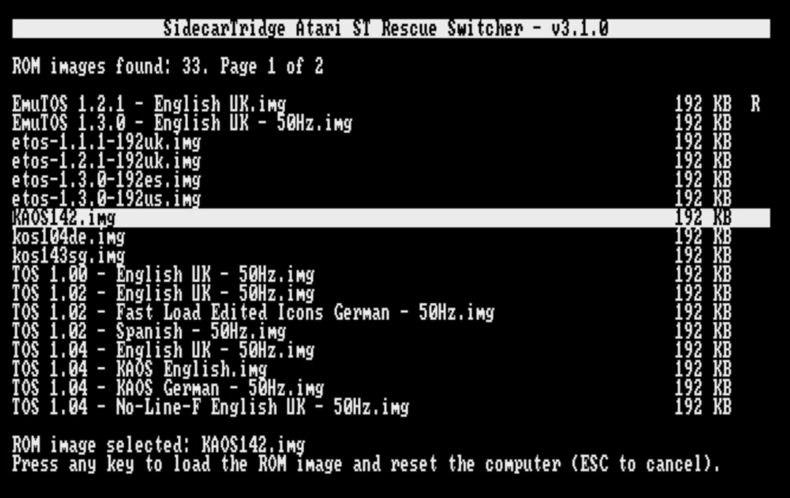 ROM Rescue Switcher load confirmation screen