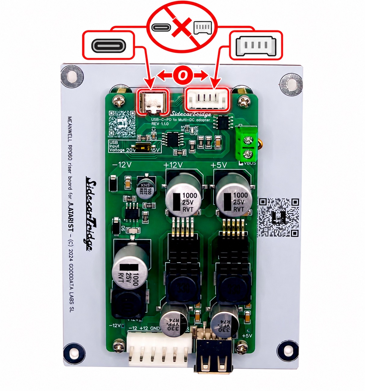Use either the USB-C port or the JST-PH 2.0 connector, never both at the same time